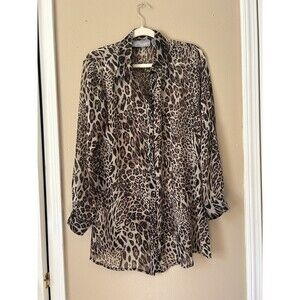 Chico’s Leopard Print Sheer Blouse Top Button Down Long Sleeve Pockets Tunic M 1